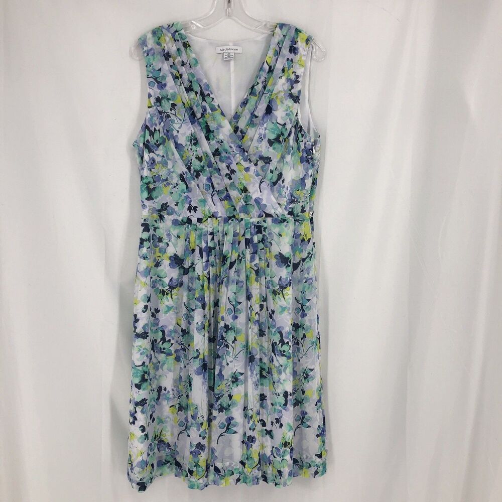 Liz Claiborne Dress Size 12 GreenWhite Blue Floral Pleated Sleeveless V-Neck